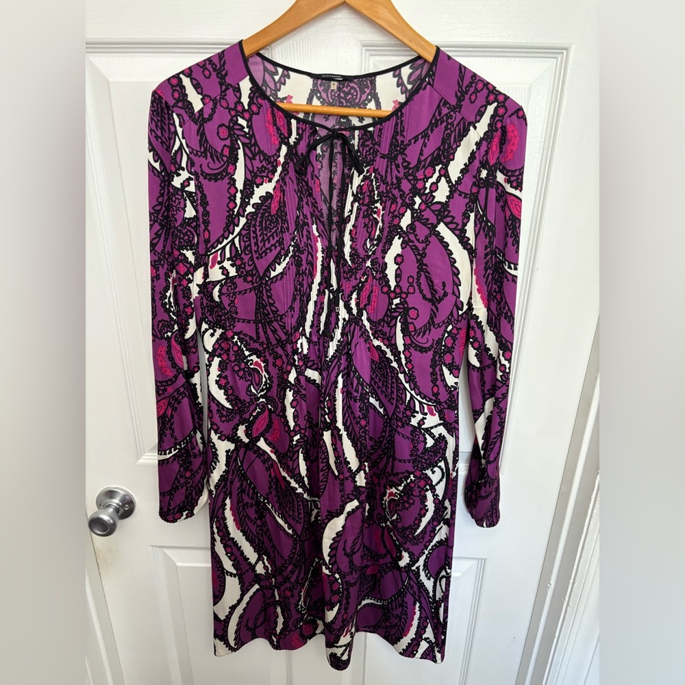 Elie Tahari Purple & Cream Long Sleeve Patterned Quiet Luxury Silk Dress, M
